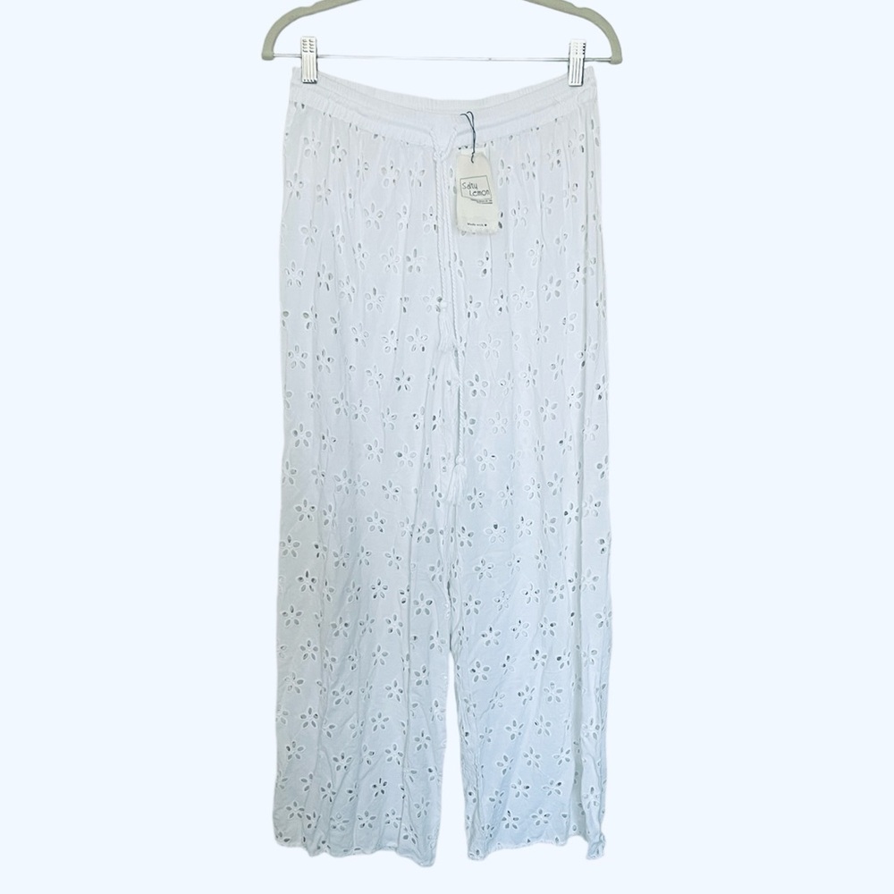 NWT White Eyelet Salty Lemon Wide leg palazzo / swim cover-up pants Size L